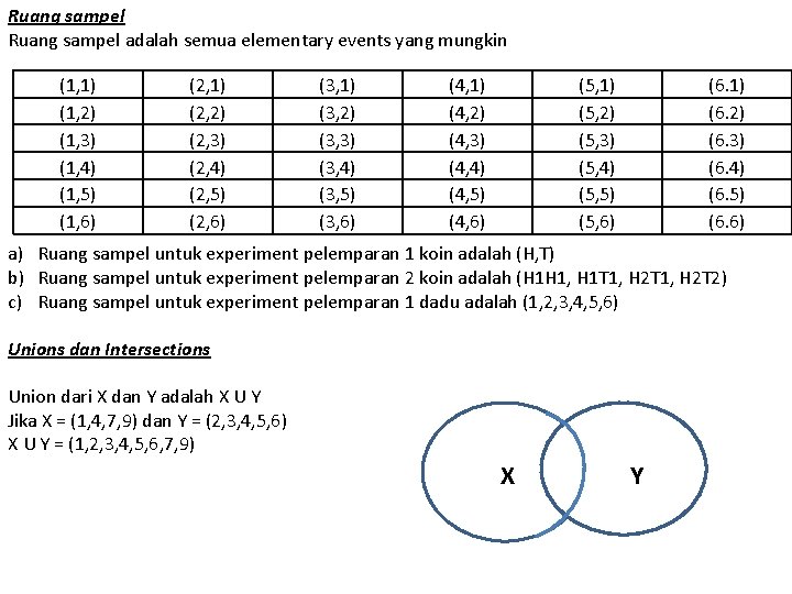 Ruang sampel adalah semua elementary events yang mungkin (1, 1) (1, 2) (1, 3)