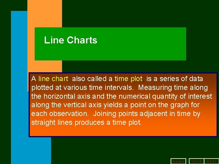 Line Charts A line chart, also called a time plot, is a series of