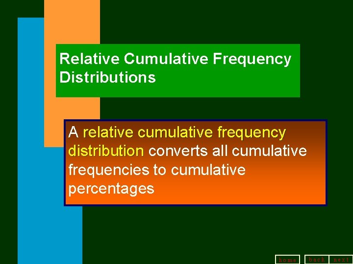 Relative Cumulative Frequency Distributions A relative cumulative frequency distribution converts all cumulative frequencies to