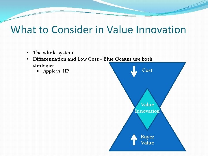 What to Consider in Value Innovation § The whole system § Differentiation and Low