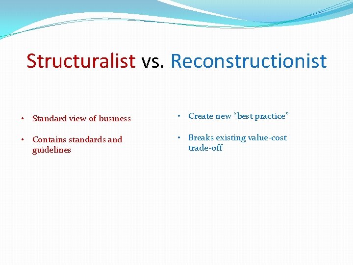 Structuralist vs. Reconstructionist • Standard view of business • Create new “best practice” •