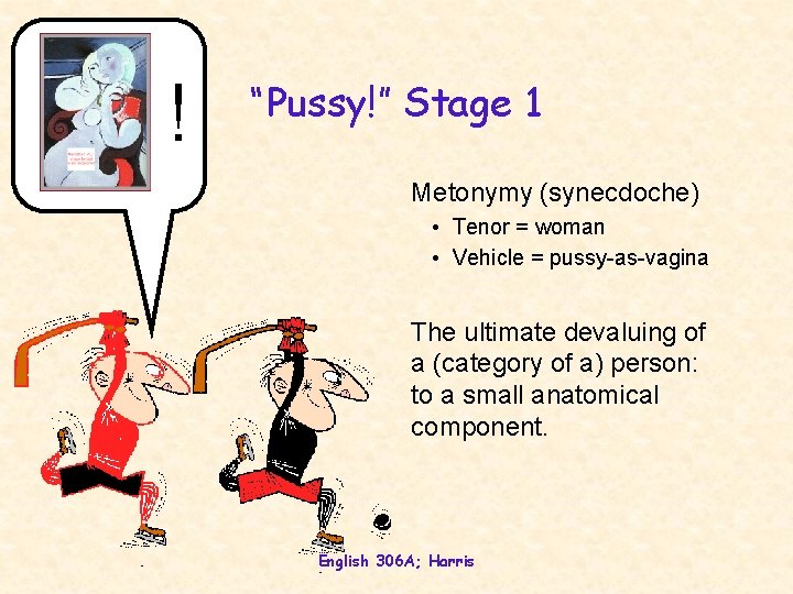 ! “Pussy!” Stage 1 Metonymy (synecdoche) • Tenor = woman • Vehicle = pussy-as-vagina