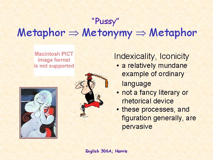 “Pussy” Metaphor Metonymy Metaphor Indexicality, Iconicity • a relatively mundane example of ordinary language