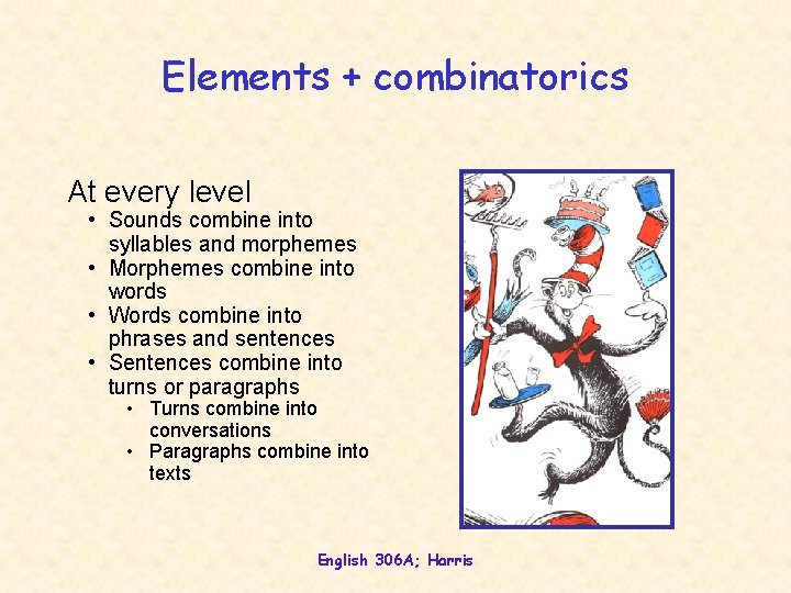 Elements + combinatorics At every level • Sounds combine into syllables and morphemes •