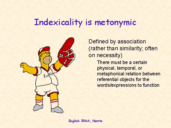 Indexicality is metonymic Defined by association (rather than similarity; often on necessity) There must