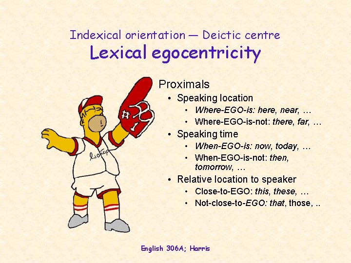 Indexical orientation — Deictic centre Lexical egocentricity Proximals • Speaking location • Where-EGO-is: here,