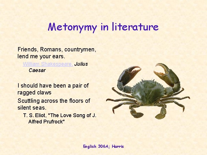 Metonymy in literature Friends, Romans, countrymen, lend me your ears. William Shakespeare, Julius Caesar
