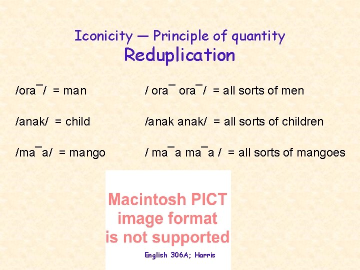 Iconicity — Principle of quantity Reduplication /ora¯/ = man / ora¯/ = all sorts