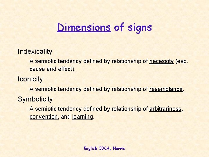 Dimensions of signs Indexicality A semiotic tendency defined by relationship of necessity (esp. cause