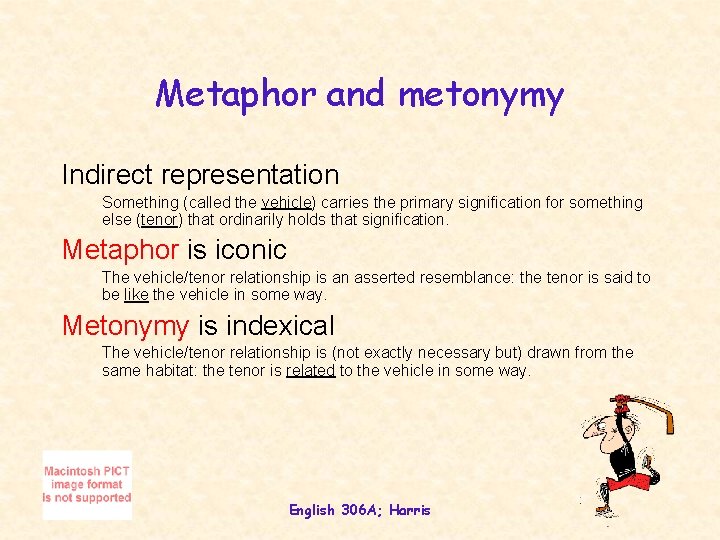 Metaphor and metonymy Indirect representation Something (called the vehicle) carries the primary signification for