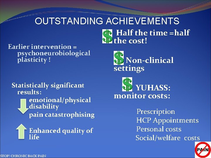OUTSTANDING ACHIEVEMENTS Earlier intervention = psychoneurobiological plasticity ! Statistically significant results: emotional/physical disability pain