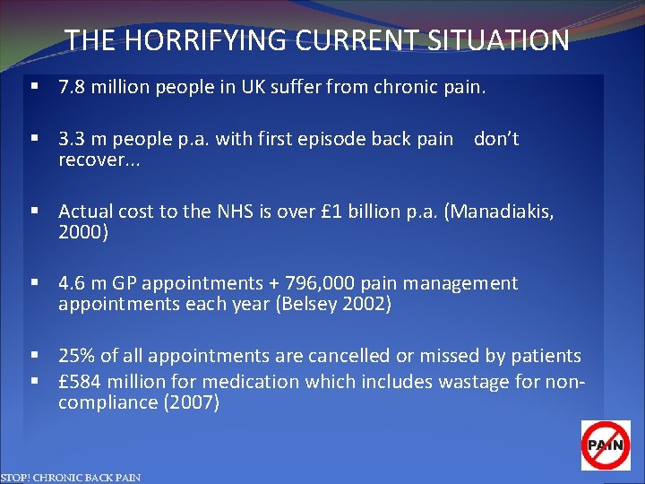 THE HORRIFYING CURRENT SITUATION 7. 8 million people in UK suffer from chronic pain.