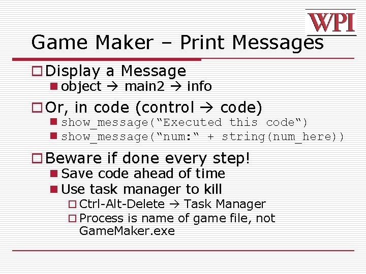 Game Maker – Print Messages o Display a Message n object main 2 info