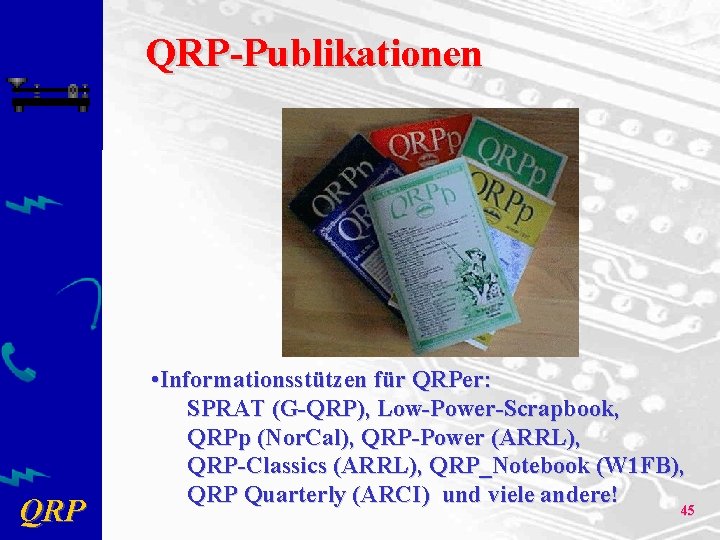 QRP-Publikationen QRP • Informationsstützen für QRPer: SPRAT (G-QRP), Low-Power-Scrapbook, QRPp (Nor. Cal), QRP-Power (ARRL),