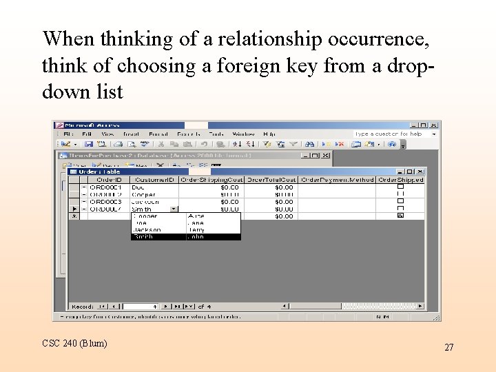 When thinking of a relationship occurrence, think of choosing a foreign key from a