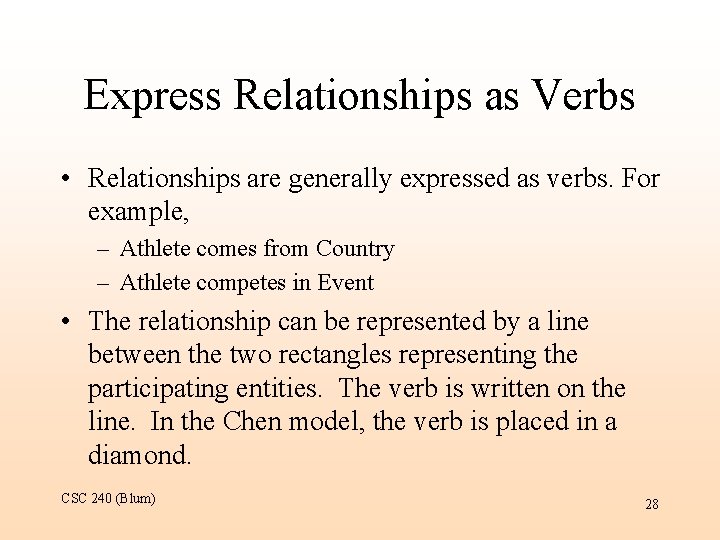 Express Relationships as Verbs • Relationships are generally expressed as verbs. For example, –