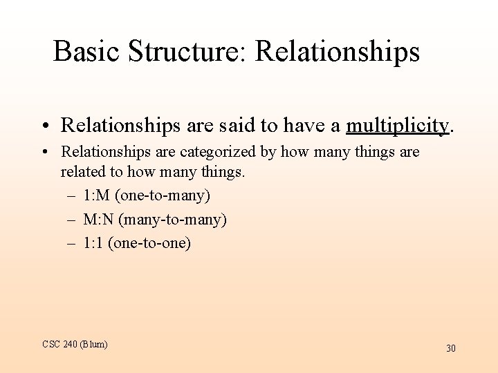 Basic Structure: Relationships • Relationships are said to have a multiplicity. • Relationships are