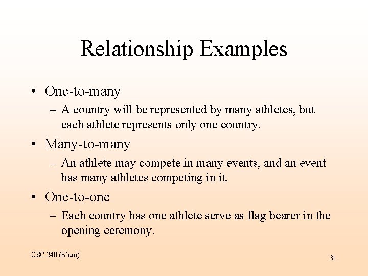 Relationship Examples • One-to-many – A country will be represented by many athletes, but