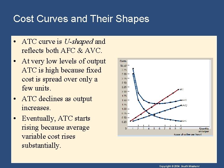 Cost Curves and Their Shapes • ATC curve is U-shaped and reflects both AFC