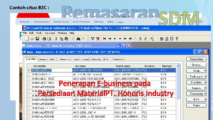 Contoh situs B 2 C : Pemasaran Penerapan E-business pada Persediaan Material. PT. Honoris