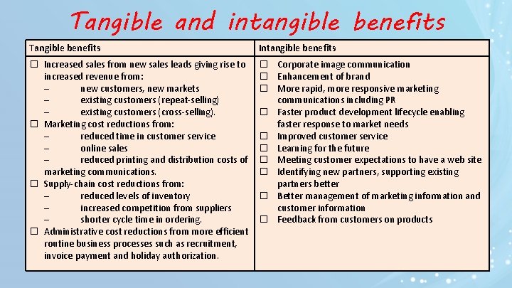 Tangible and intangible benefits Tangible benefits Intangible benefits � Increased sales from new sales Tangible and intangible benefits Tangible benefits Intangible benefits � Increased sales from new sales
