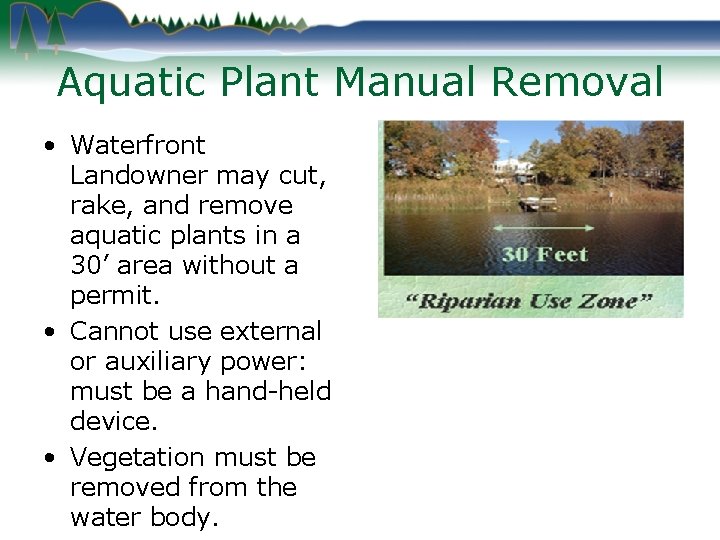 Aquatic Plant Manual Removal • Waterfront Landowner may cut, rake, and remove aquatic plants