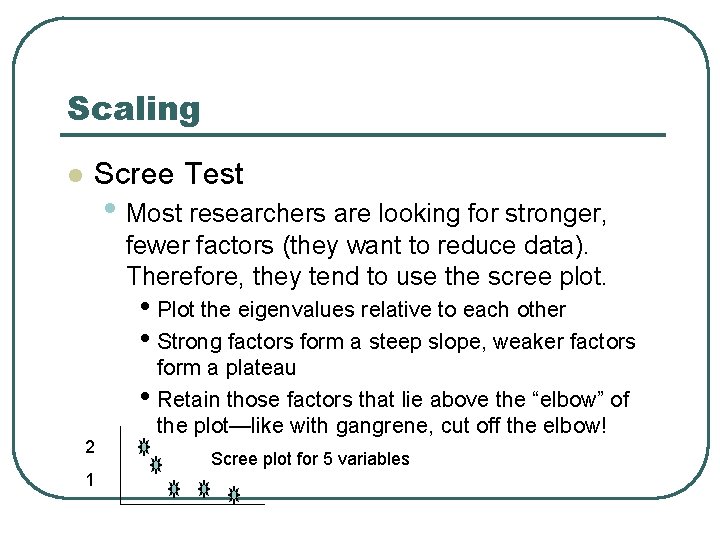 Scaling l Scree Test • Most researchers are looking for stronger, fewer factors (they