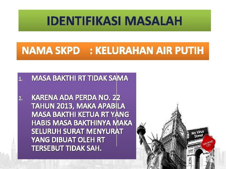 IDENTIFIKASI MASALAH NAMA SKPD : KELURAHAN AIR PUTIH 1. MASA BAKTHI RT TIDAK SAMA