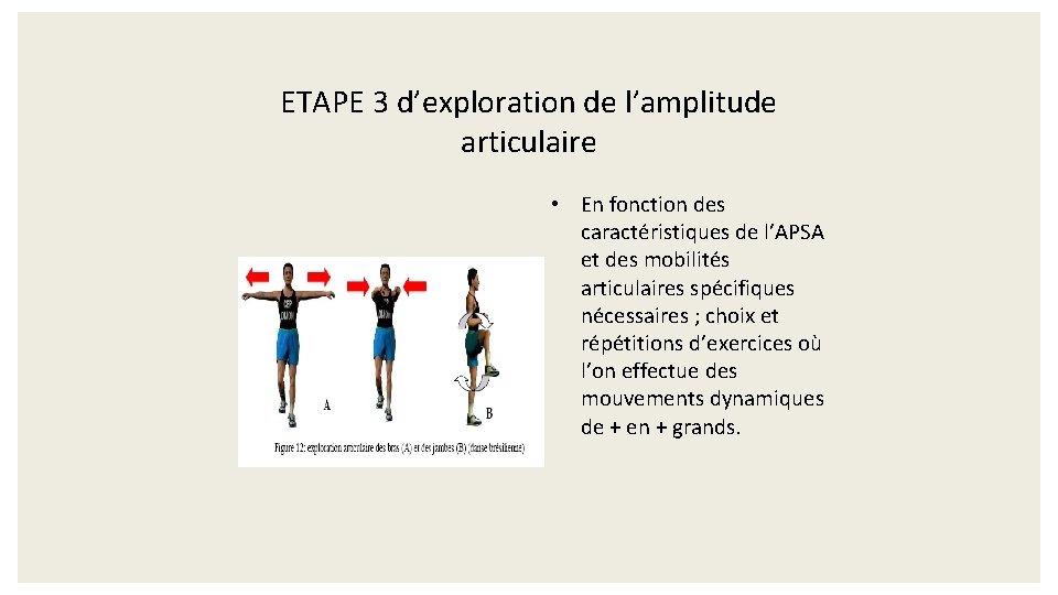 ETAPE 3 d’exploration de l’amplitude articulaire • En fonction des caractéristiques de l’APSA et