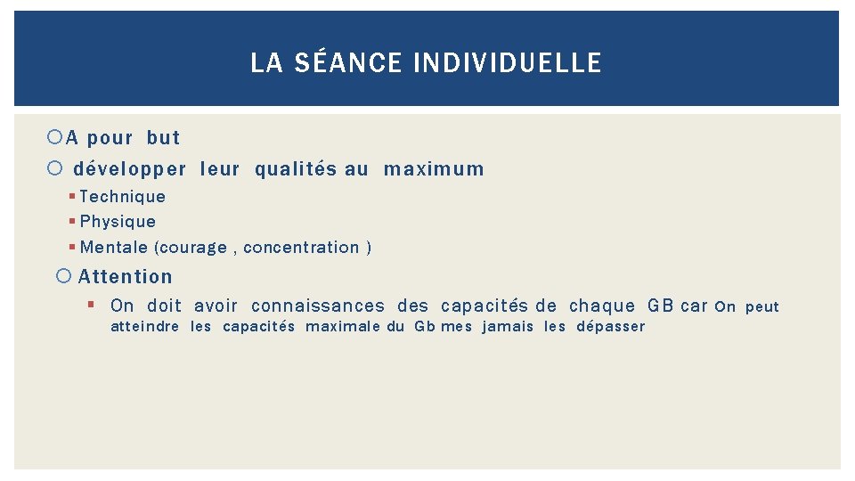 LA SÉANCE INDIVIDUELLE A pour but développer leur qualités au maximum § Technique §