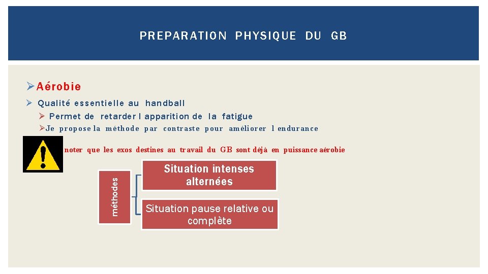 PREPARATION PHYSIQUE DU GB Ø Aérobie Ø Qualité essentielle au handball Ø Permet de