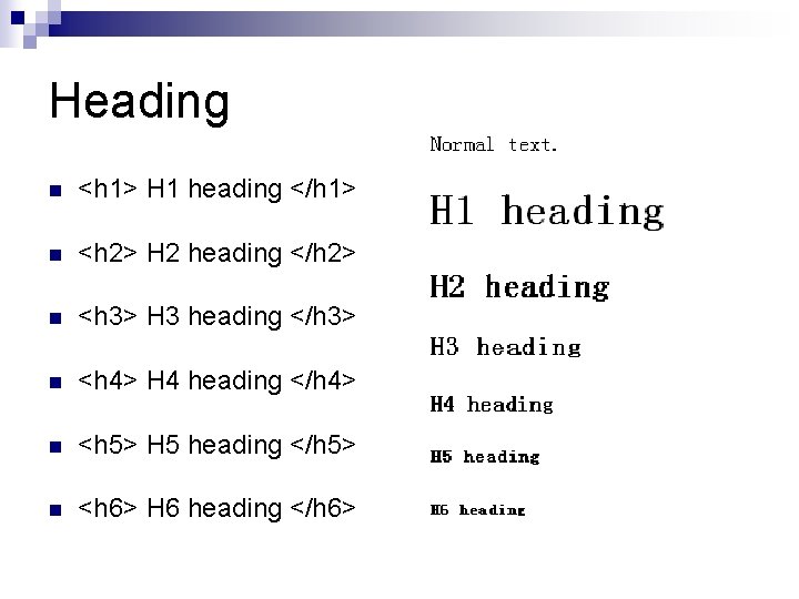 Heading n <h 1> H 1 heading </h 1> n <h 2> H 2