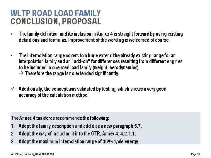 WLTP ROAD LOAD FAMILY CONCLUSION, PROPOSAL • The family definition and its inclusion in
