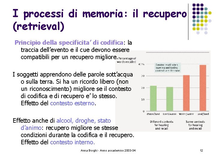 I processi di memoria: il recupero (retrieval) Principio della specificita’ di codifica: la traccia