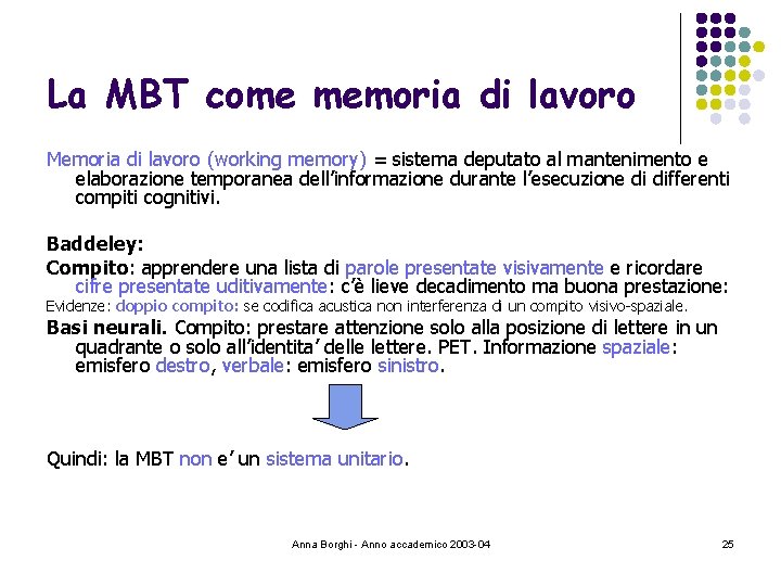 La MBT come memoria di lavoro Memoria di lavoro (working memory) = sistema deputato