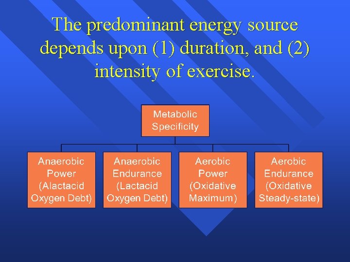 The predominant energy source depends upon (1) duration, and (2) intensity of exercise. The predominant energy source depends upon (1) duration, and (2) intensity of exercise.