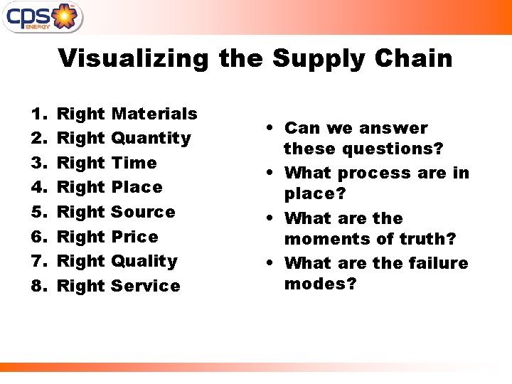 Visualizing the Supply Chain 1. 2. 3. 4. 5. 6. 7. 8. Right Right