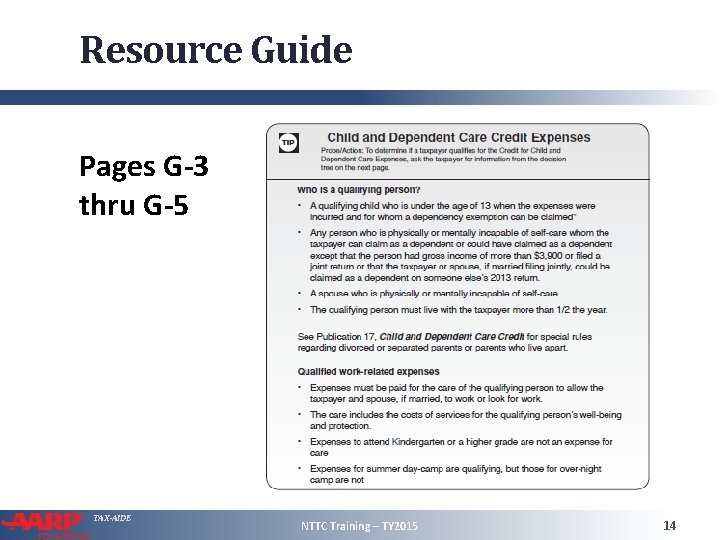 Resource Guide Pages G-3 thru G-5 TAX-AIDE NTTC Training – TY 2015 14 
