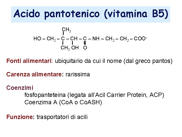 Acido pantotenico (vitamina B 5) CH 3 HO – CH 2 – CH –
