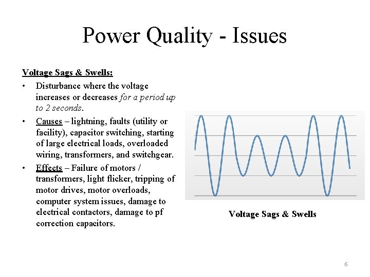 Power Quality - Issues Voltage Sags & Swells: • Disturbance where the voltage increases