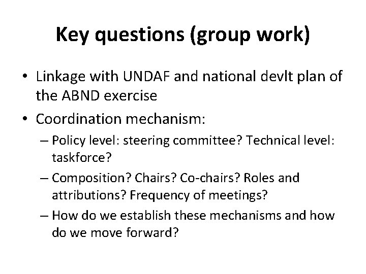 Key questions (group work) • Linkage with UNDAF and national devlt plan of the