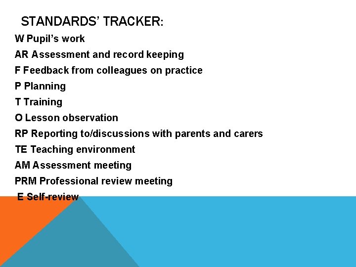 STANDARDS’ TRACKER: W Pupil’s work AR Assessment and record keeping F Feedback from colleagues