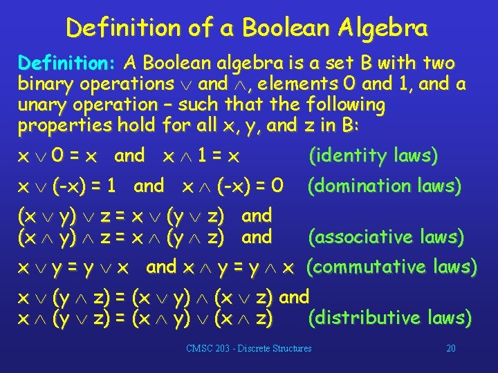Definition of a Boolean Algebra Definition: A Boolean algebra is a set B with