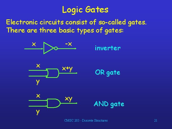 Logic Gates Electronic circuits consist of so-called gates. There are three basic types of