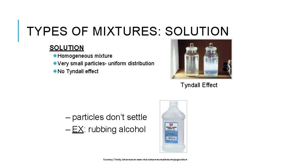 TYPES OF MIXTURES: SOLUTION Homogeneous mixture Very small particles- uniform distribution No Tyndall effect