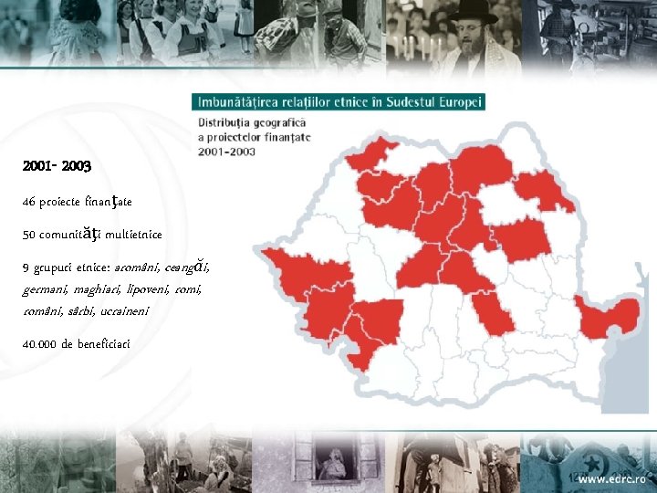 2001 - 2003 46 proiecte finanţate 50 comunităţi multietnice 9 grupuri etnice: aromâni, ceangăi,