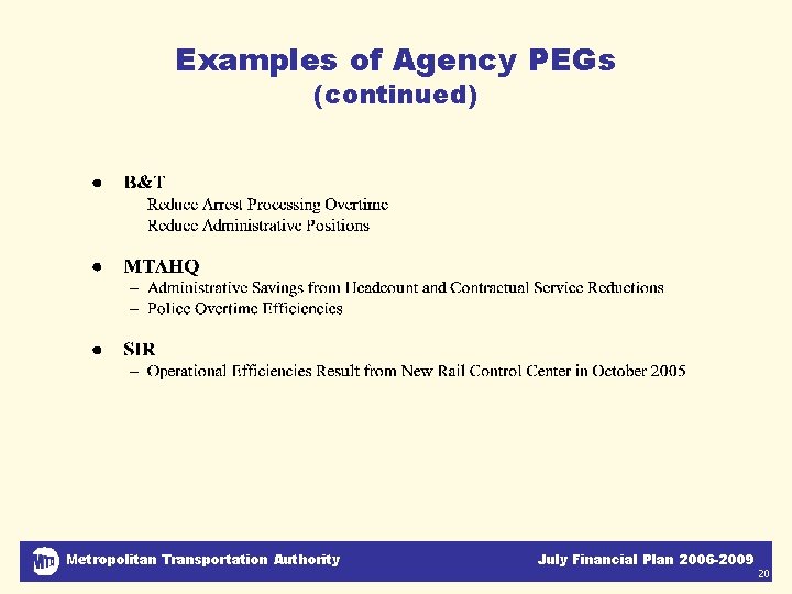 Examples of Agency PEGs (continued) Metropolitan Transportation Authority July Financial Plan 2006 -2009 20