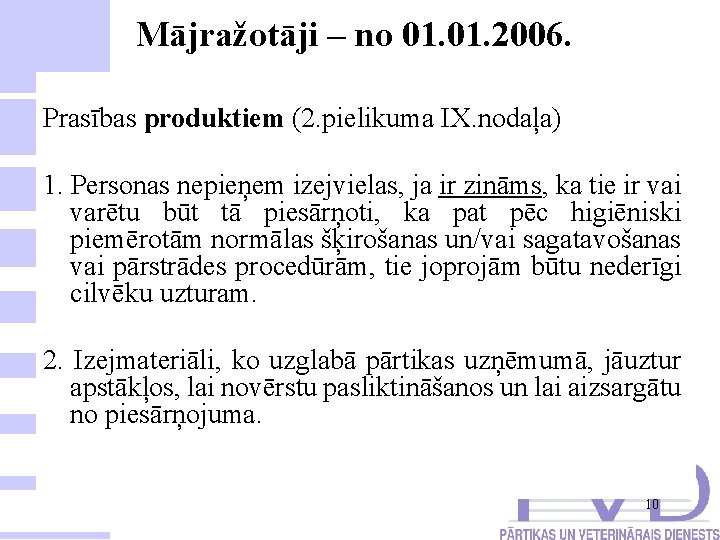 Mājražotāji – no 01. 2006. Prasības produktiem (2. pielikuma IX. nodaļa) 1. Personas nepieņem