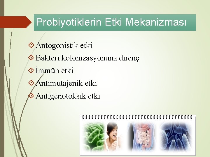 Probiyotiklerin Etki Mekanizması Antogonistik etki Bakteri kolonizasyonuna direnç İmmün etki Antimutajenik etki Antigenotoksik etki