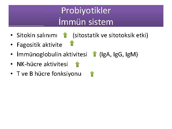 Probiyotikler İmmün sistem • • • Sitokin salınımı (sitostatik ve sitotoksik etki) Fagositik aktivite